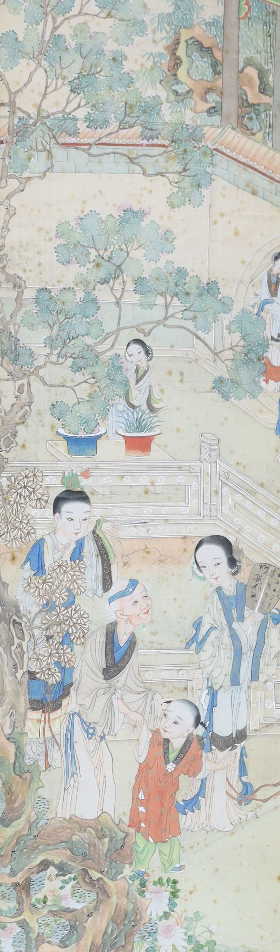 A set of four Chinese paintings on silk of ladies in pavilion gardens, 19th century each image 82 cm x 18.5 cm, damage